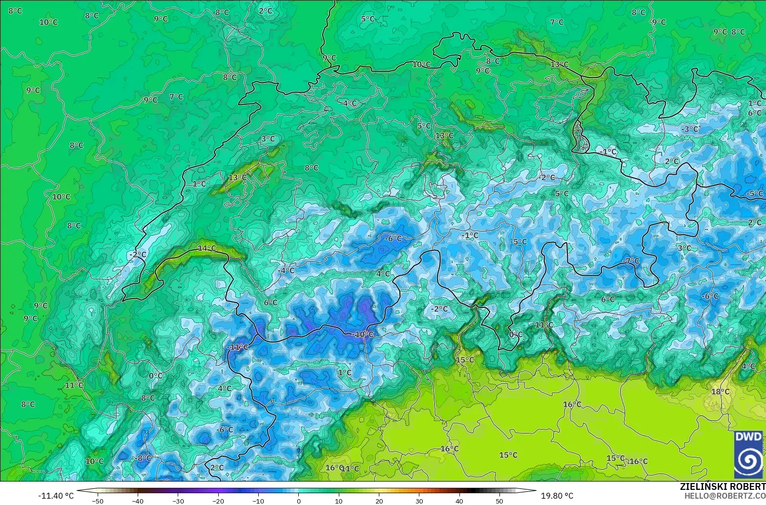 ICON Almanya 2 km model - İsviçre, 2 m Çiy Noktası