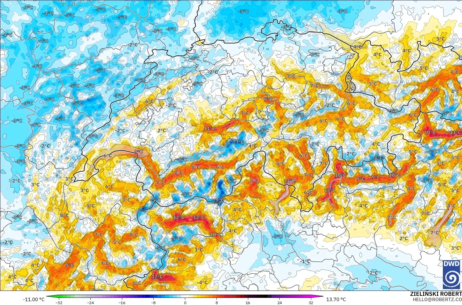 ICON Almanya 2 km model - İsviçre, 2 m Sıcaklık Anomalisi