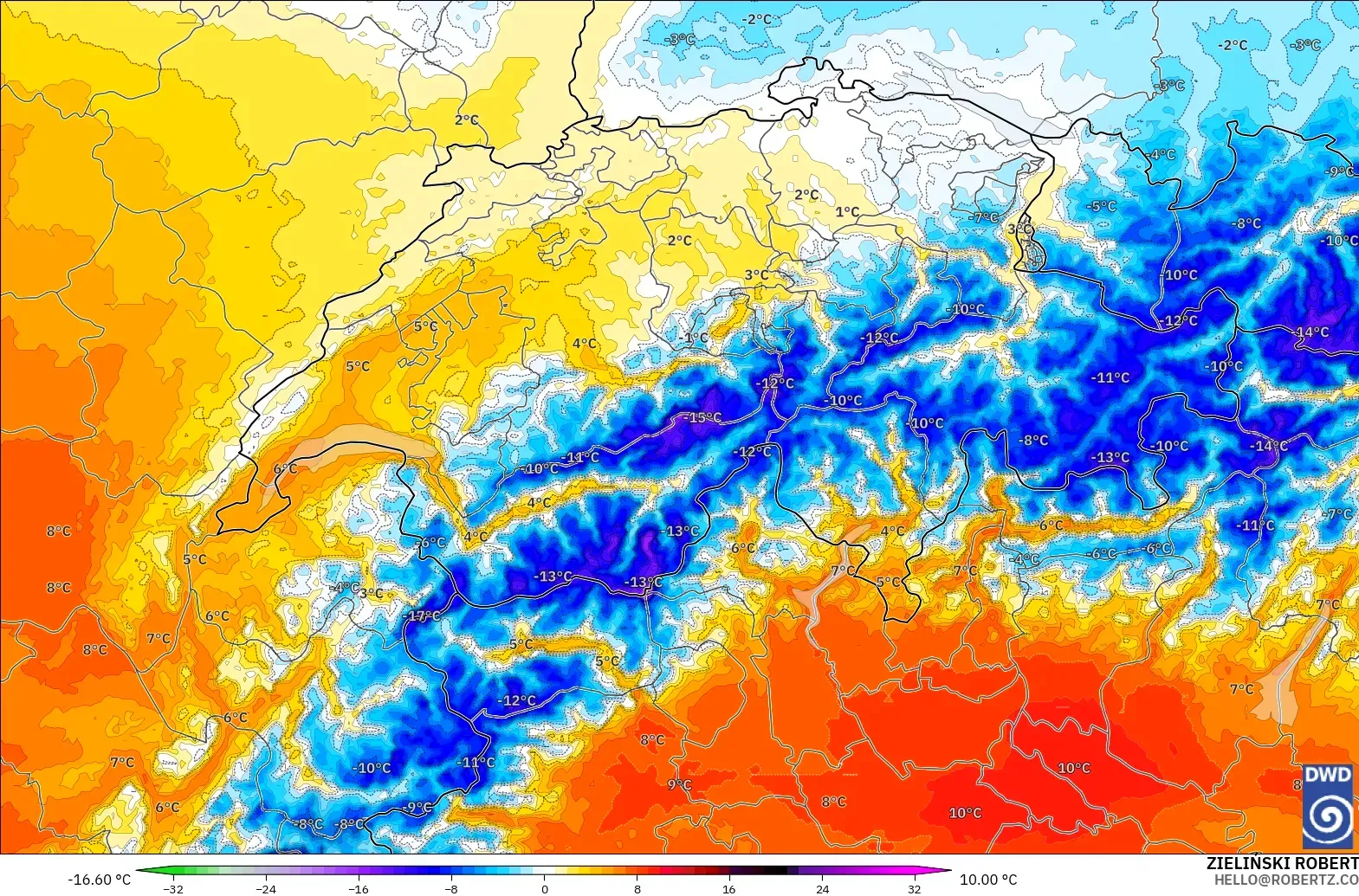 ICON Almanya 2 km model - İsviçre, 850 hPa Sıcaklık Anomalisi