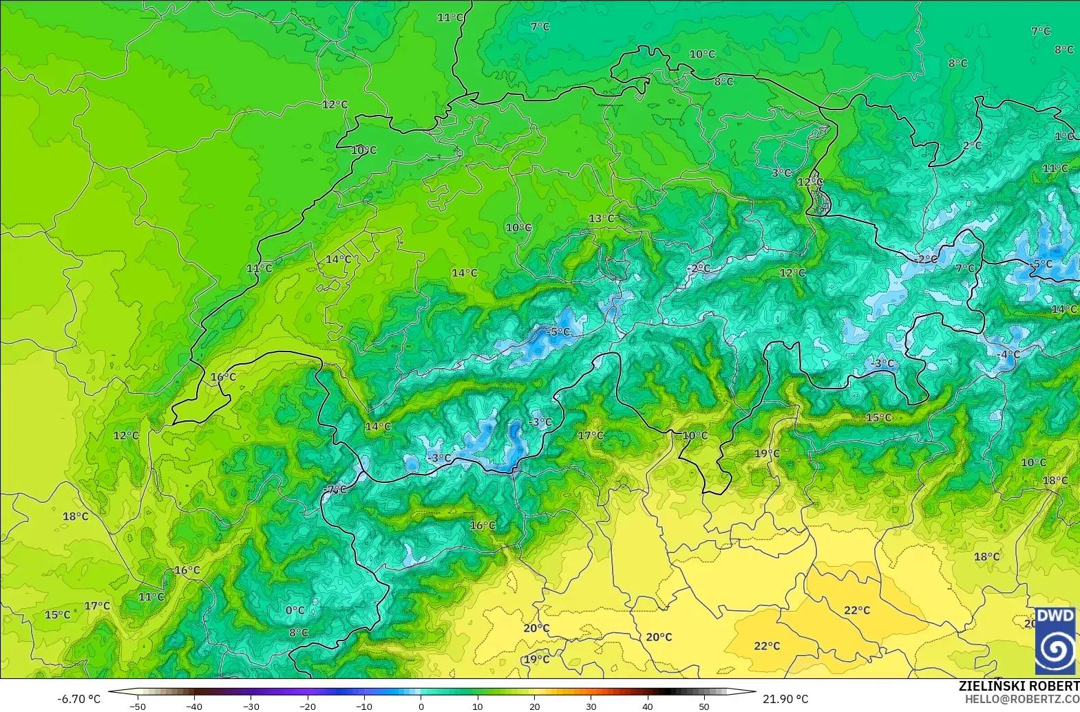 ICON Almanya 2 km model - İsviçre, 850 hPa Sıcaklık
