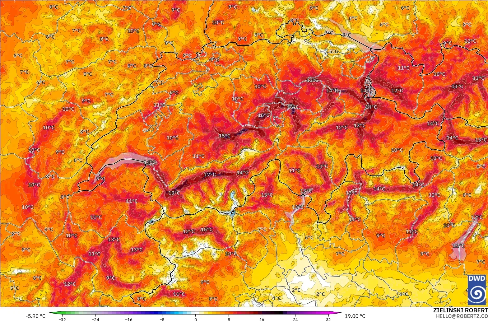 ICON Almanya 2 km model - İsviçre, 2 m Sıcaklık Anomalisi