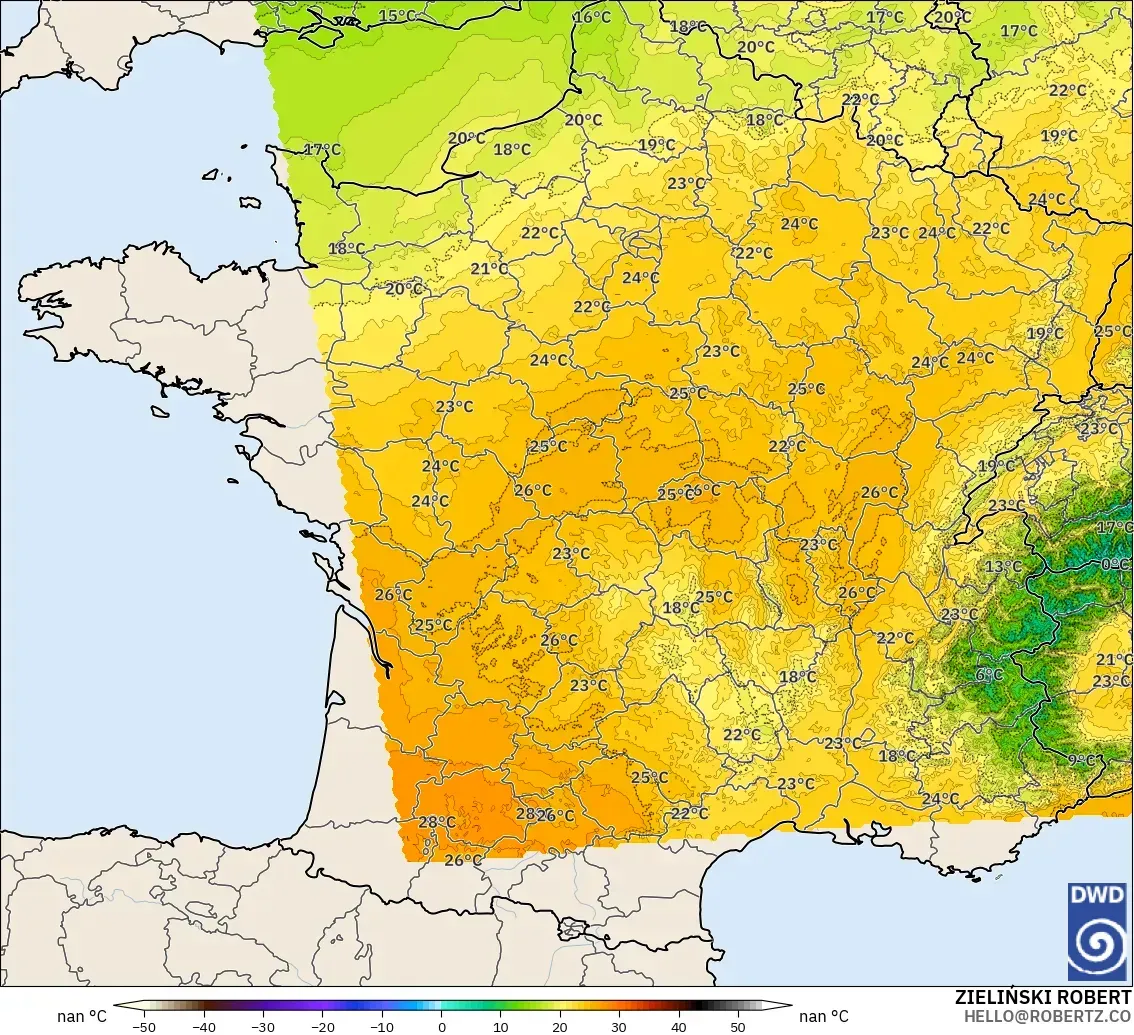 ICON Almanya 2 km model - Fransa, 850 hPa Sıcaklık