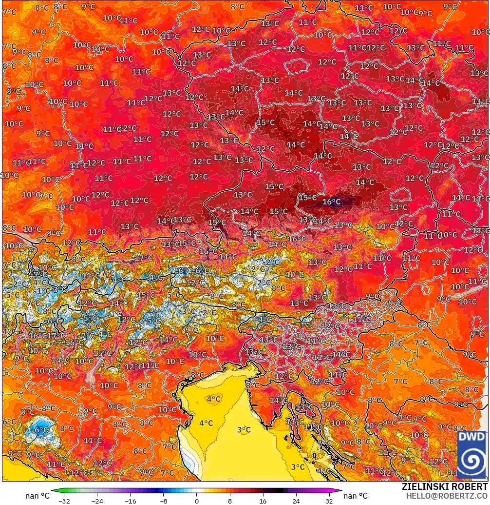 ICON Almanya 2 km model - Avusturya, 2 m Sıcaklık Anomalisi