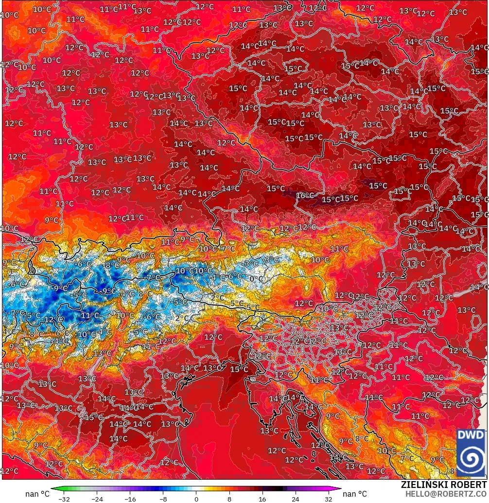 ICON Almanya 2 km model - Avusturya, 850 hPa Sıcaklık Anomalisi
