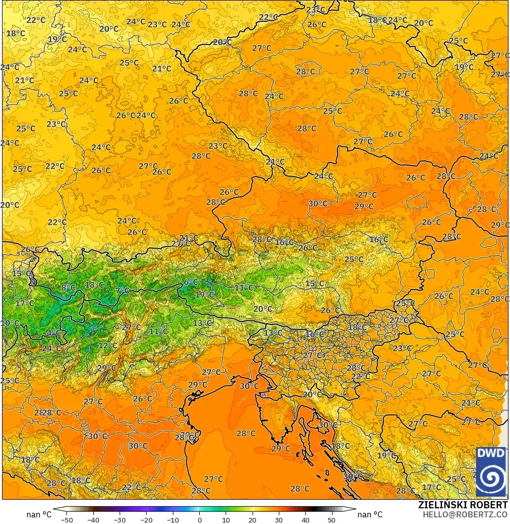 ICON Almanya 2 km model - Avusturya, 850 hPa Sıcaklık