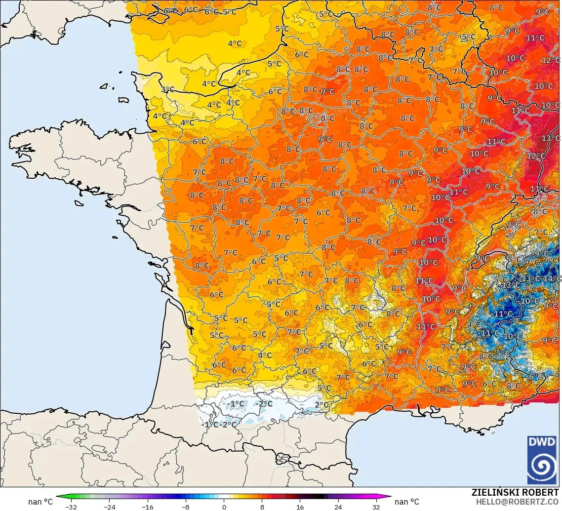 ICON Almanya 2 km model - Fransa, 850 hPa Sıcaklık Anomalisi