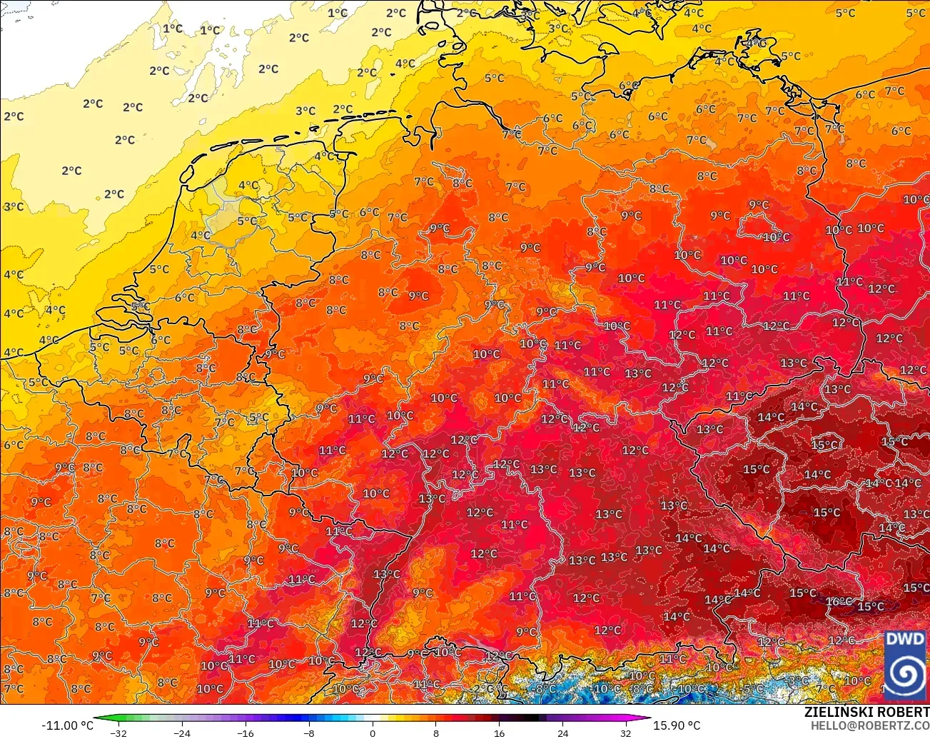 ICON Almanya 2 km model - Almanya, 850 hPa Sıcaklık Anomalisi