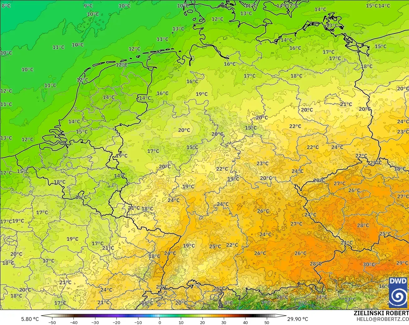 ICON Almanya 2 km model - Almanya, 850 hPa Sıcaklık
