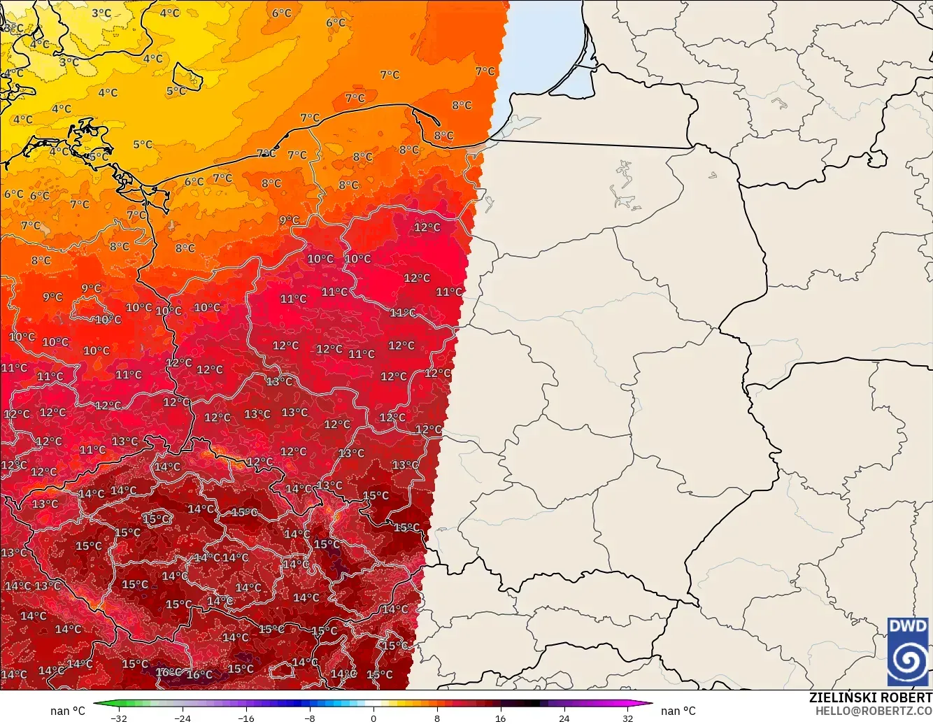 ICON Almanya 2 km model - Polonya, 850 hPa Sıcaklık Anomalisi