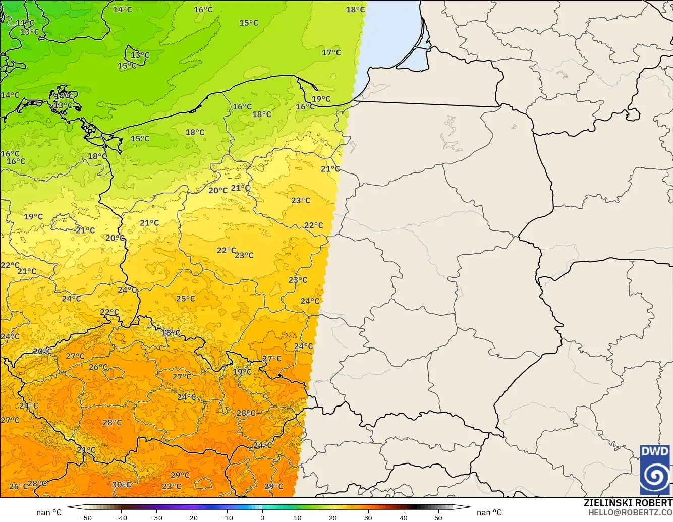 ICON Almanya 2 km model - Polonya, 850 hPa Sıcaklık