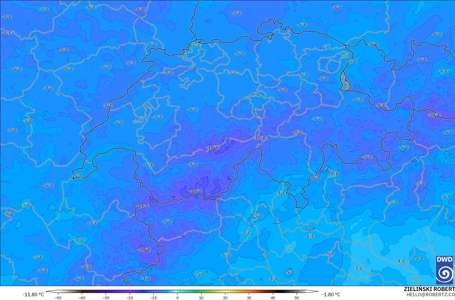 ICON Almanya 2 km model - İsviçre, 500 hPa Sıcaklık
