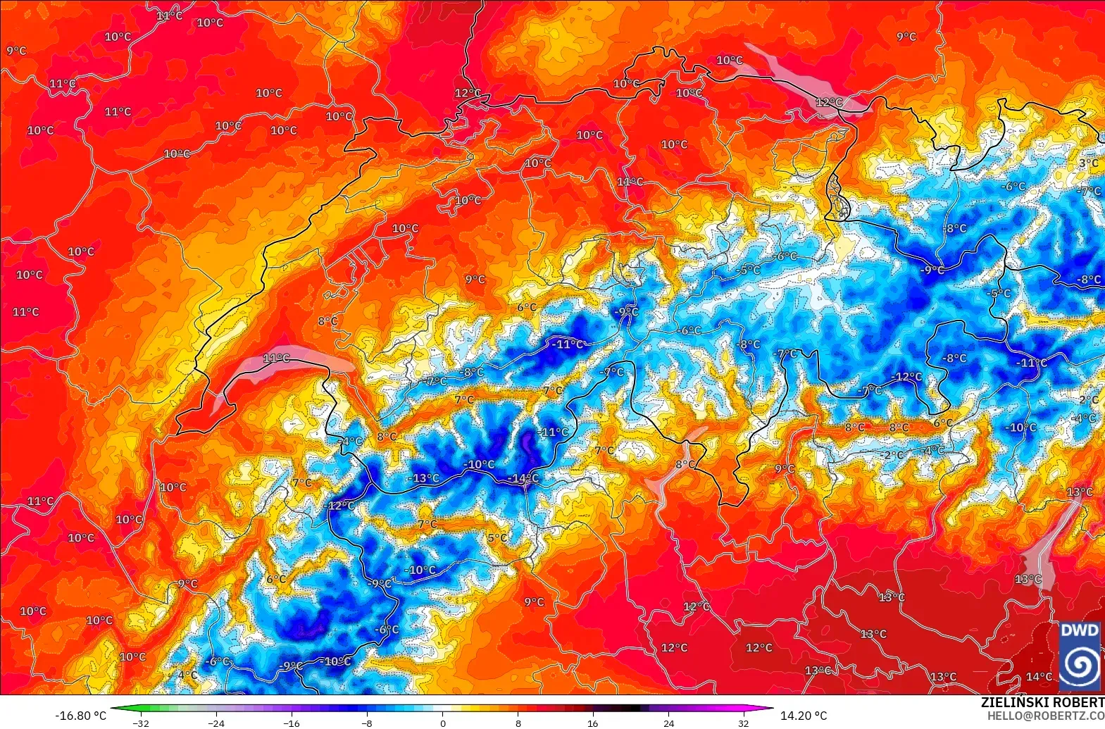ICON Almanya 2 km model - İsviçre, 850 hPa Sıcaklık Anomalisi