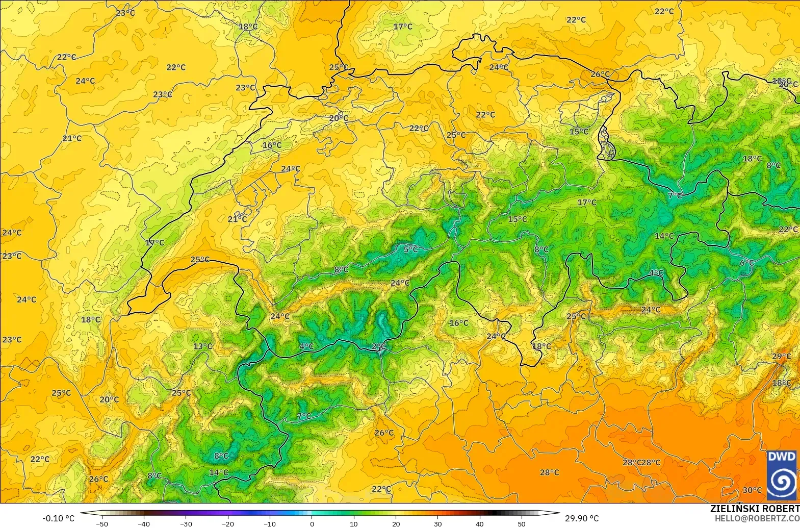 ICON Almanya 2 km model - İsviçre, 850 hPa Sıcaklık