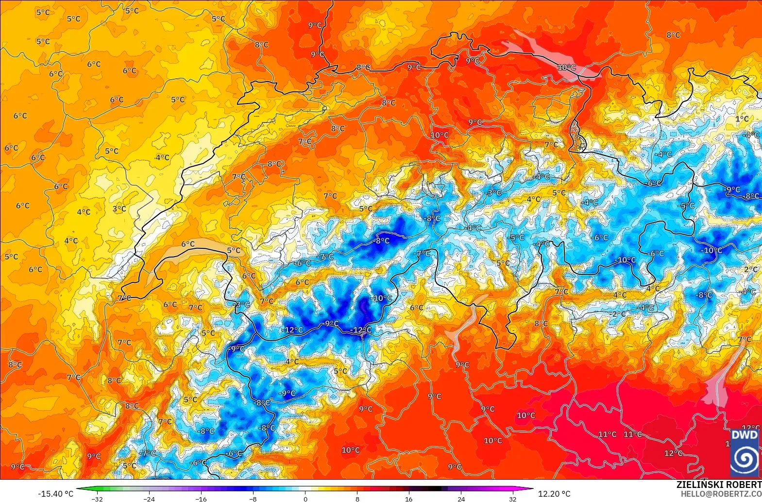 ICON Almanya 2 km model - İsviçre, 850 hPa Sıcaklık Anomalisi