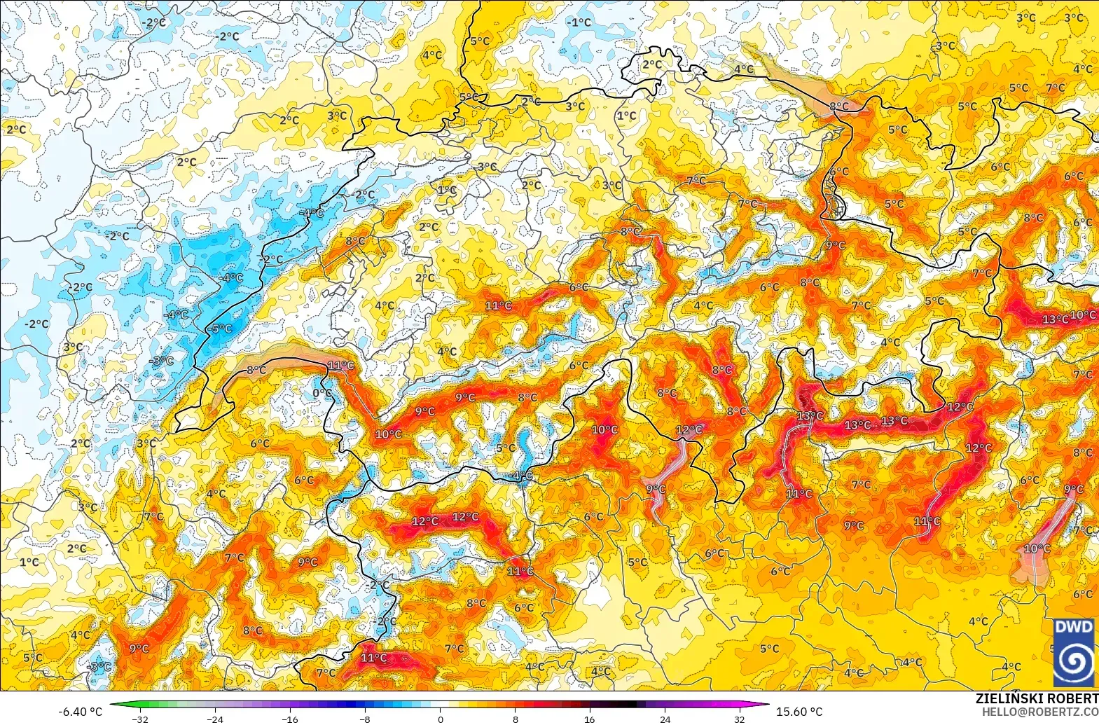 ICON Almanya 2 km model - İsviçre, 2 m Sıcaklık Anomalisi