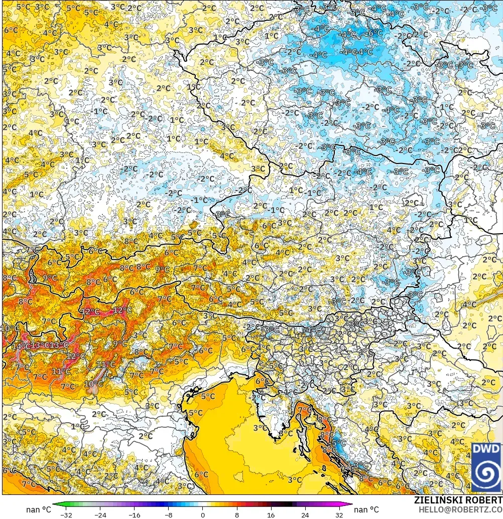 ICON Almanya 2 km model - Avusturya, 2 m Sıcaklık Anomalisi