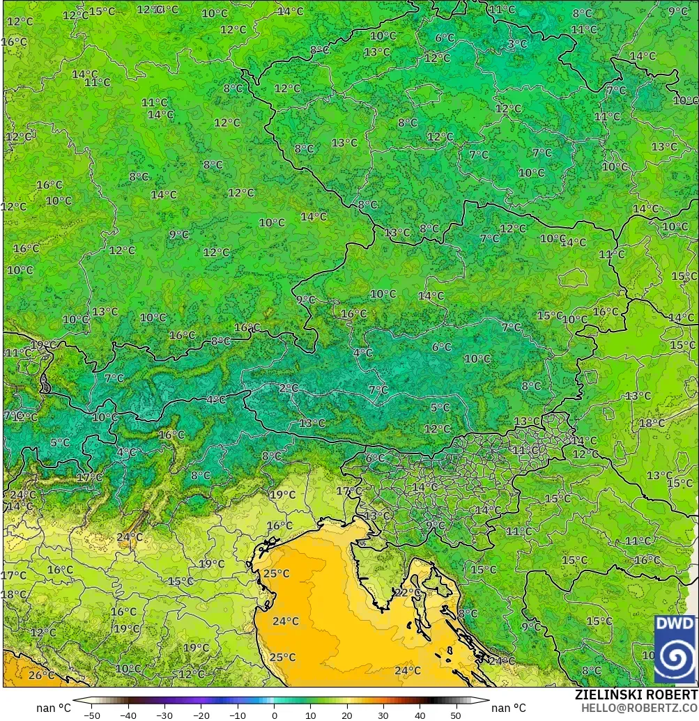 ICON Almanya 2 km model - Avusturya, 2 m Sıcaklık