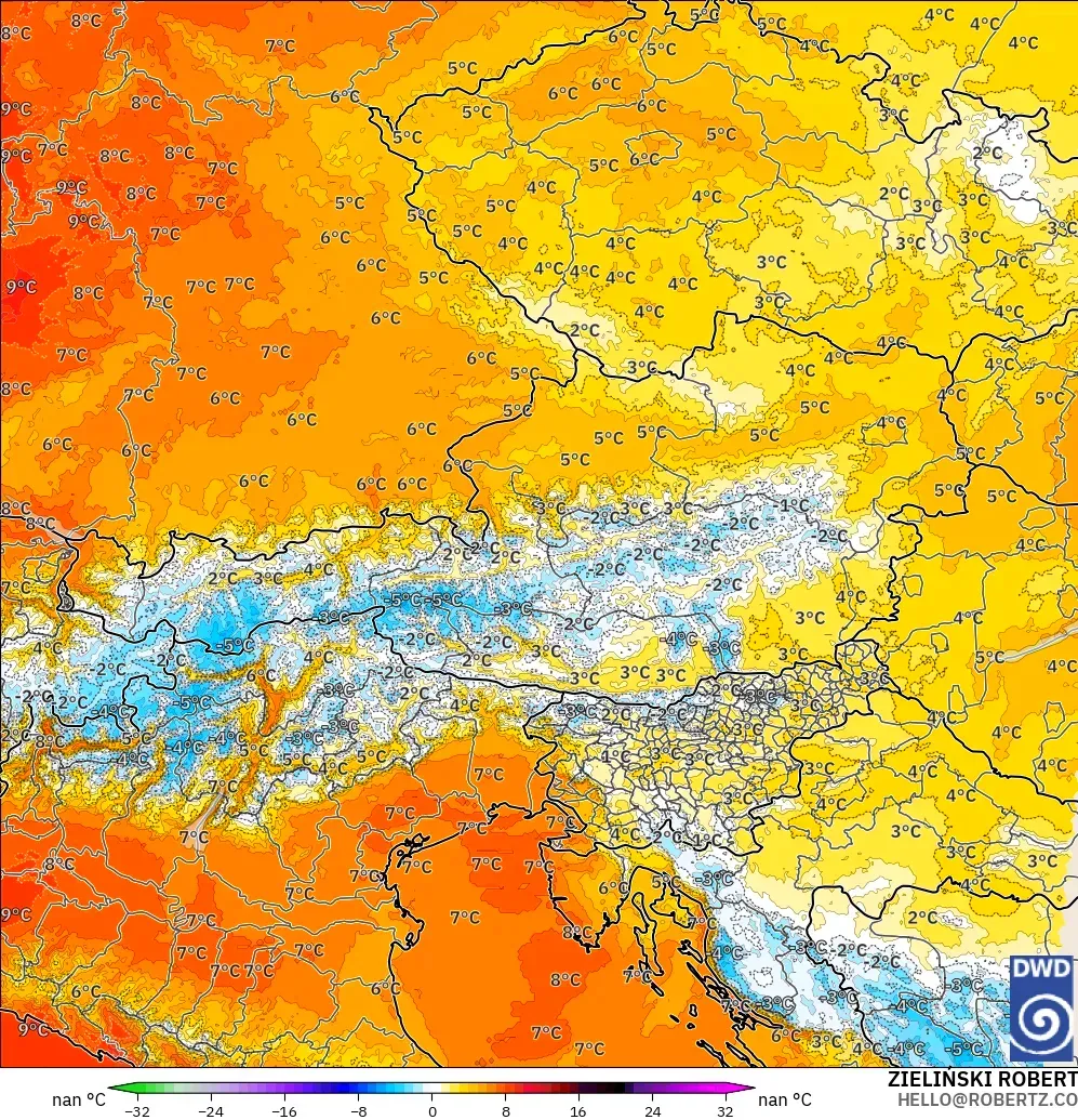 ICON Almanya 2 km model - Avusturya, 850 hPa Sıcaklık Anomalisi