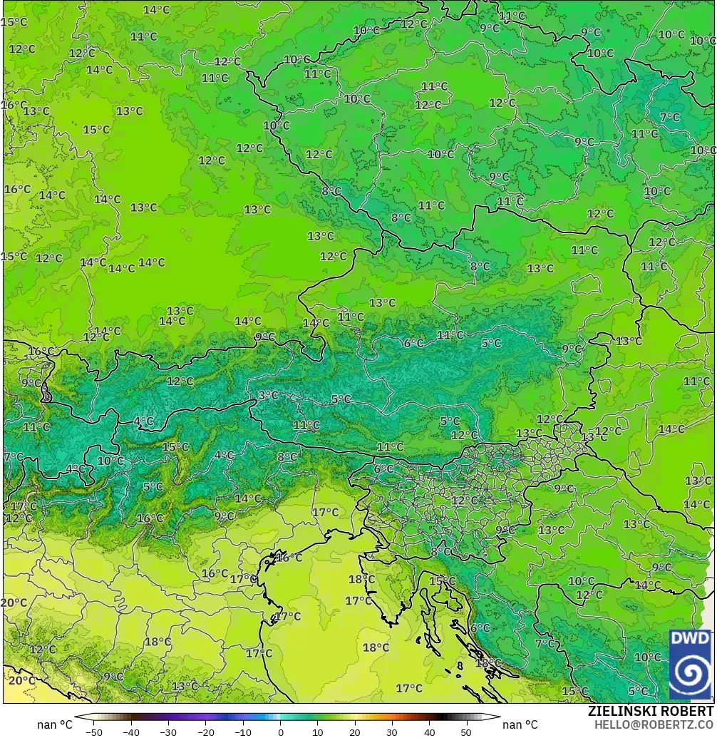 ICON Almanya 2 km model - Avusturya, 850 hPa Sıcaklık