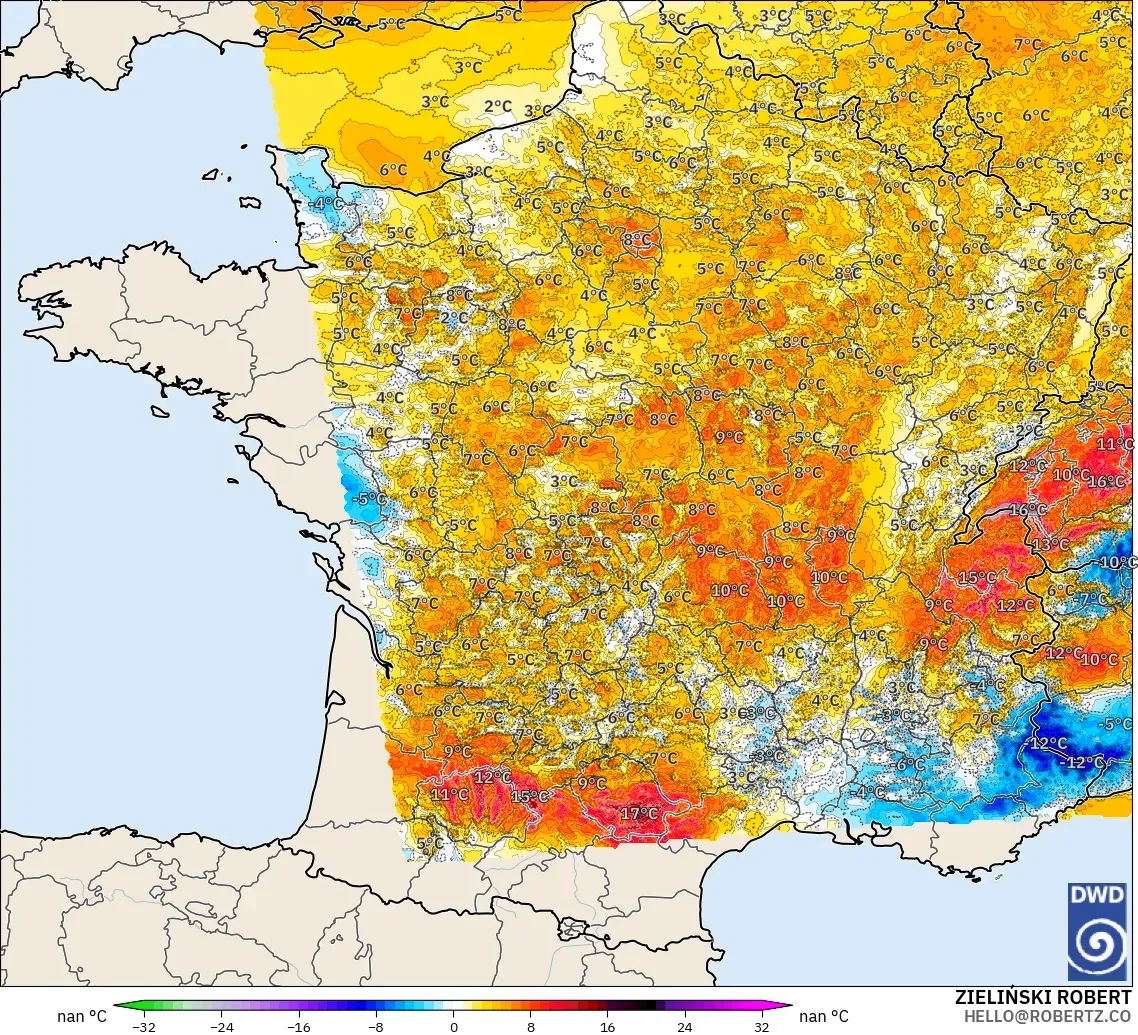 ICON Almanya 2 km model - Fransa, 2 m Sıcaklık Anomalisi