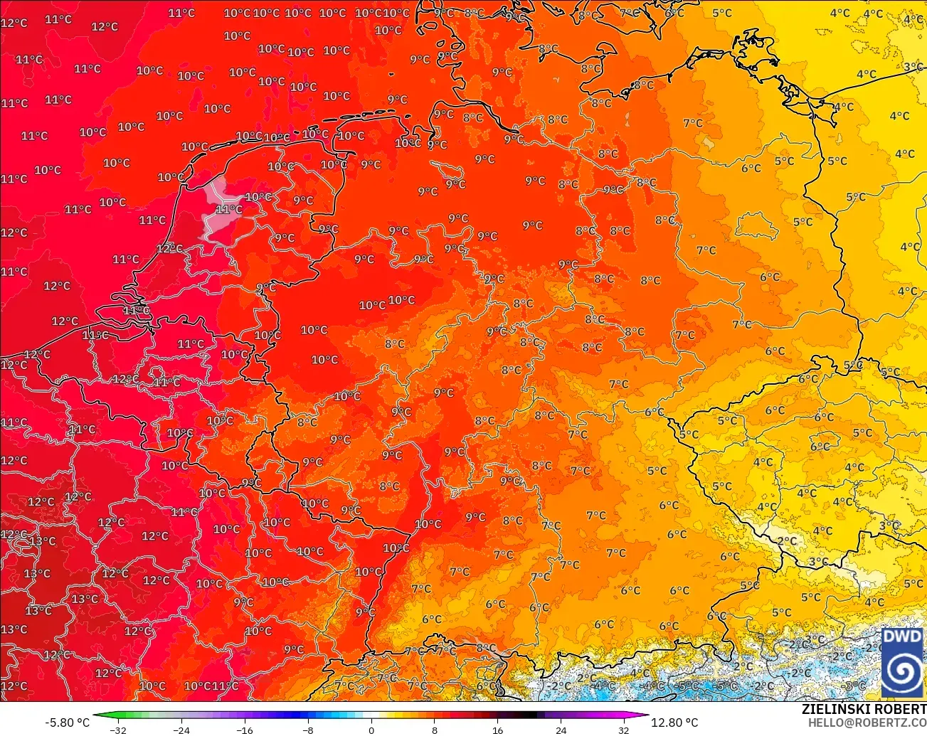 ICON Almanya 2 km model - Almanya, 850 hPa Sıcaklık Anomalisi