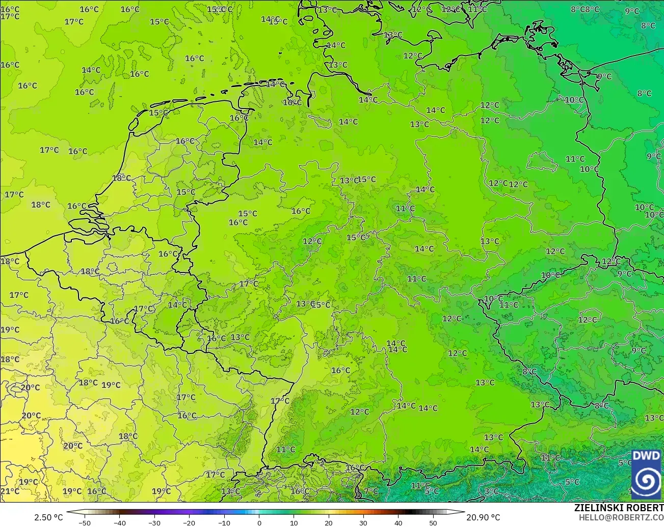 ICON Almanya 2 km model - Almanya, 850 hPa Sıcaklık