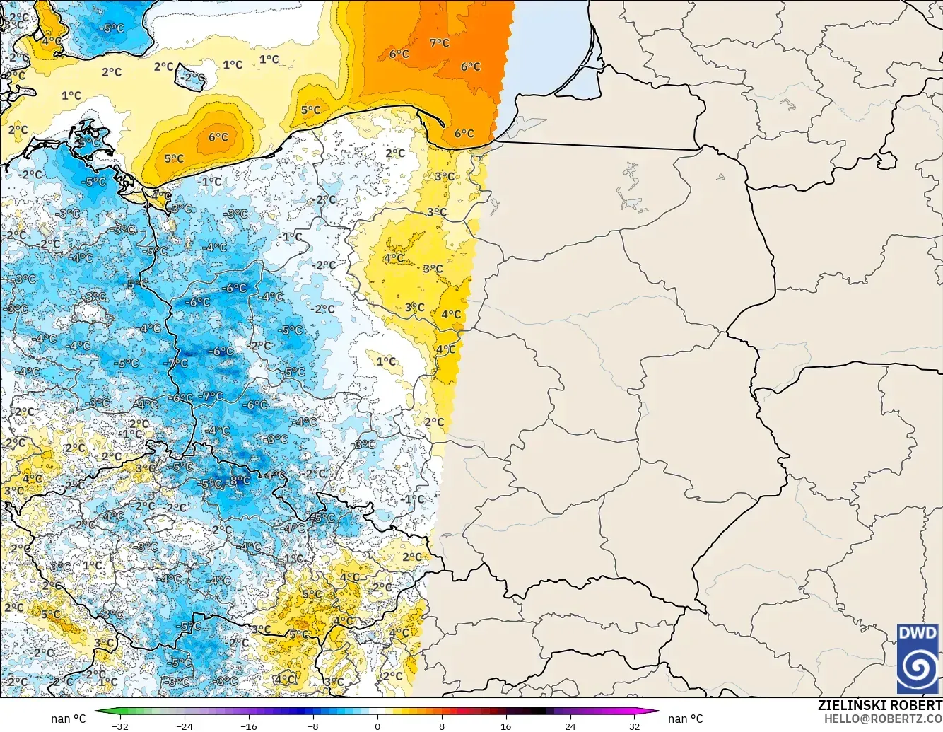 ICON Almanya 2 km model - Polonya, 2 m Sıcaklık Anomalisi