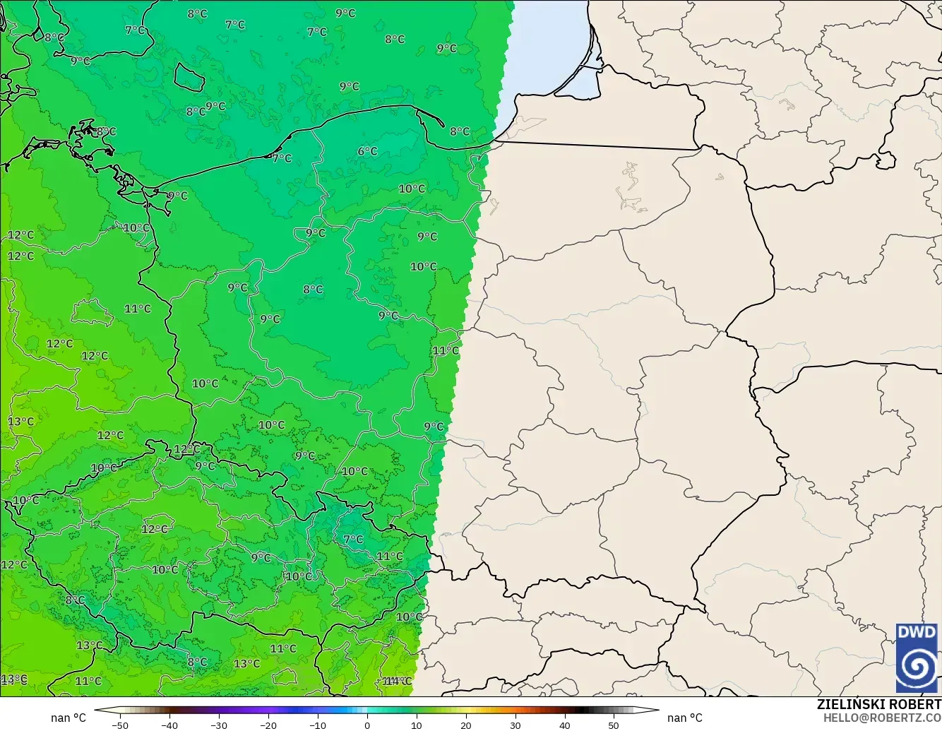 ICON Almanya 2 km model - Polonya, 850 hPa Sıcaklık