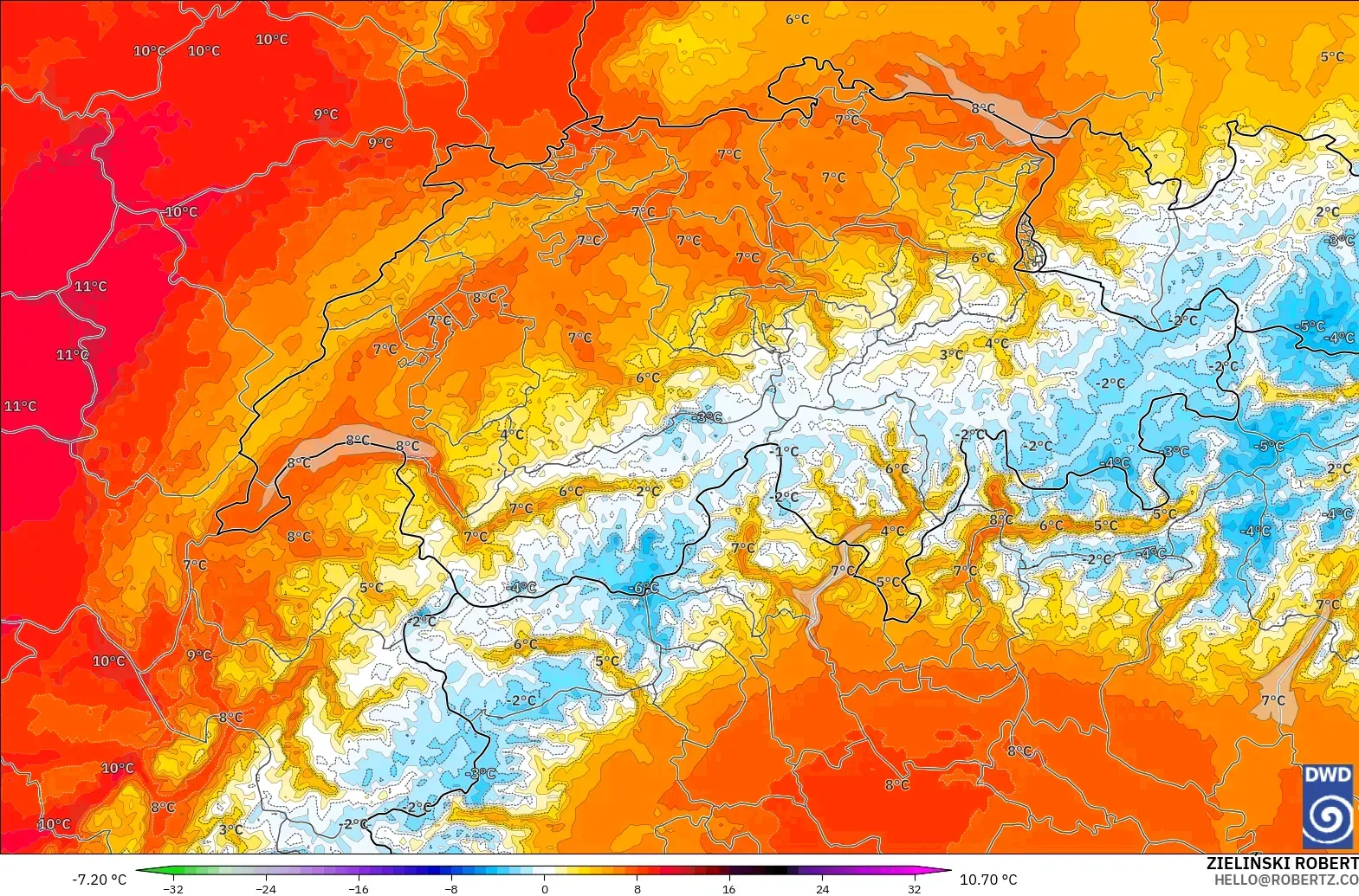 ICON Almanya 2 km model - İsviçre, 850 hPa Sıcaklık Anomalisi