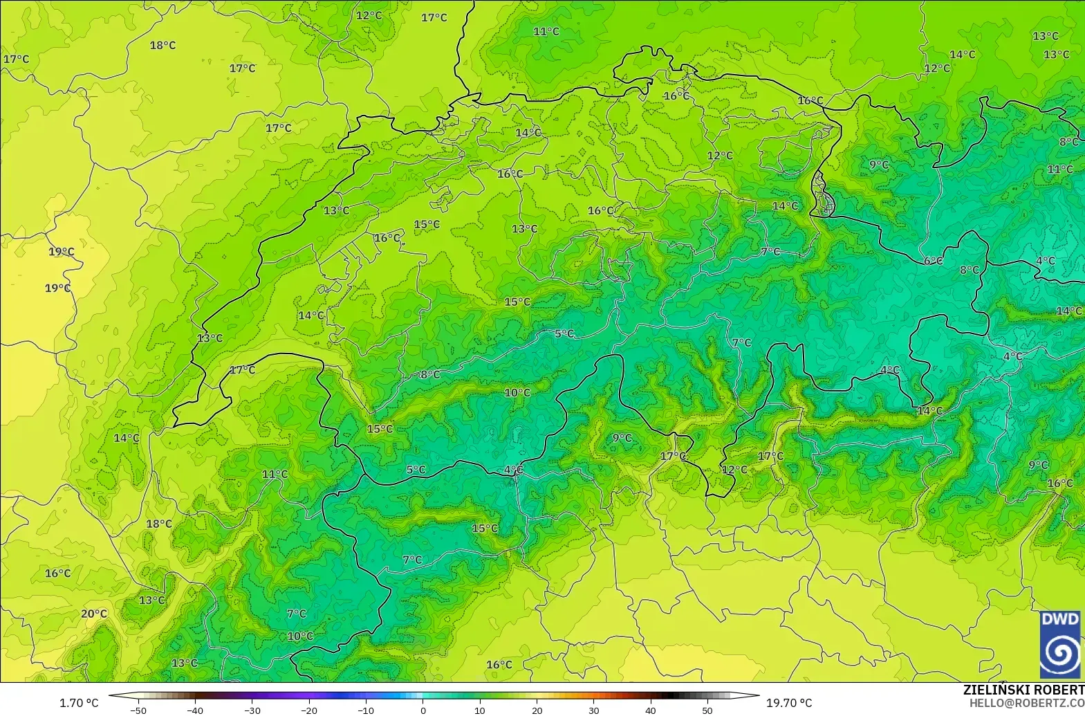 ICON Almanya 2 km model - İsviçre, 850 hPa Sıcaklık