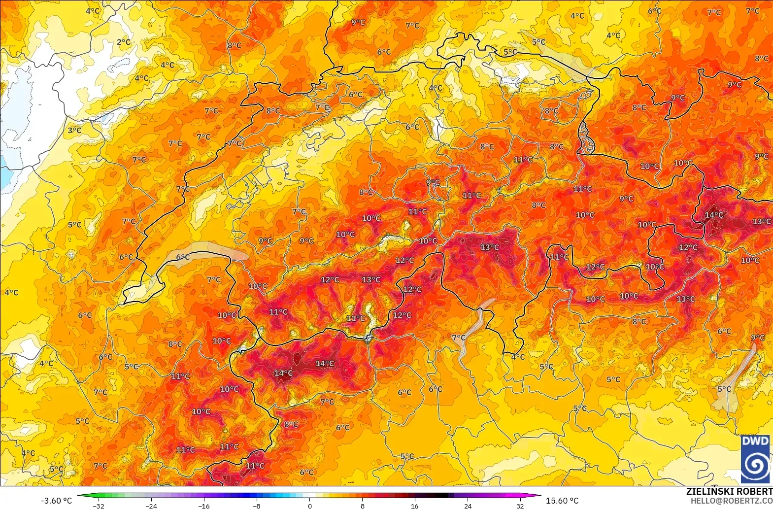 ICON Almanya 2 km model - İsviçre, 2 m Sıcaklık Anomalisi