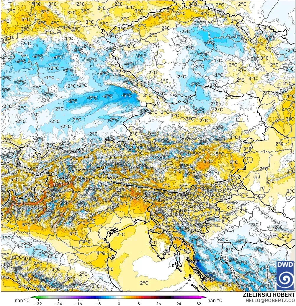ICON Almanya 2 km model - Avusturya, 2 m Sıcaklık Anomalisi