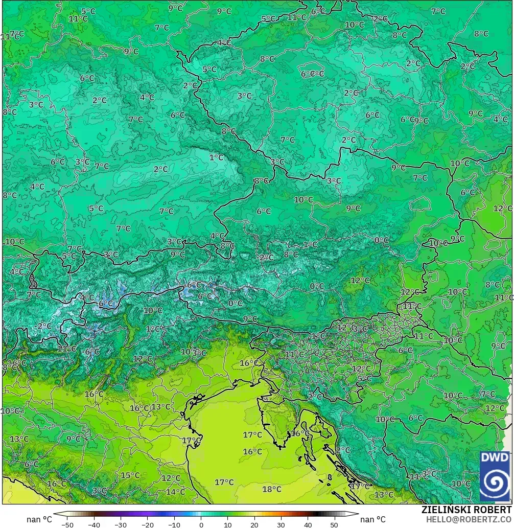 ICON Almanya 2 km model - Avusturya, 2 m Sıcaklık