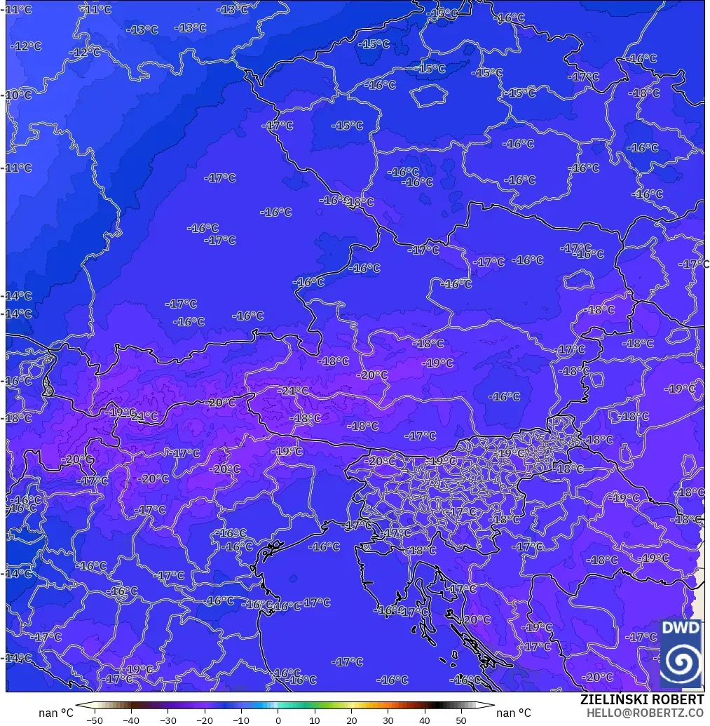 ICON Almanya 2 km model - Avusturya, 500 hPa Sıcaklık
