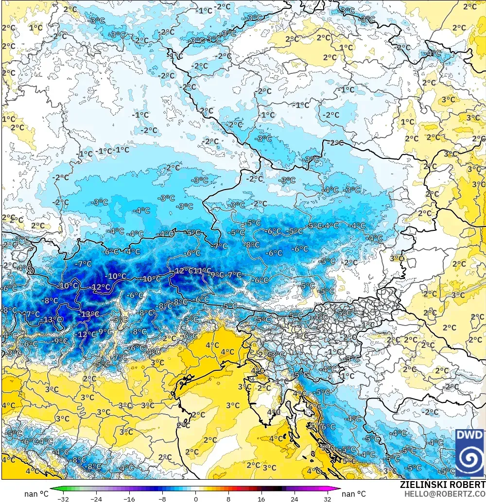 ICON Almanya 2 km model - Avusturya, 850 hPa Sıcaklık Anomalisi