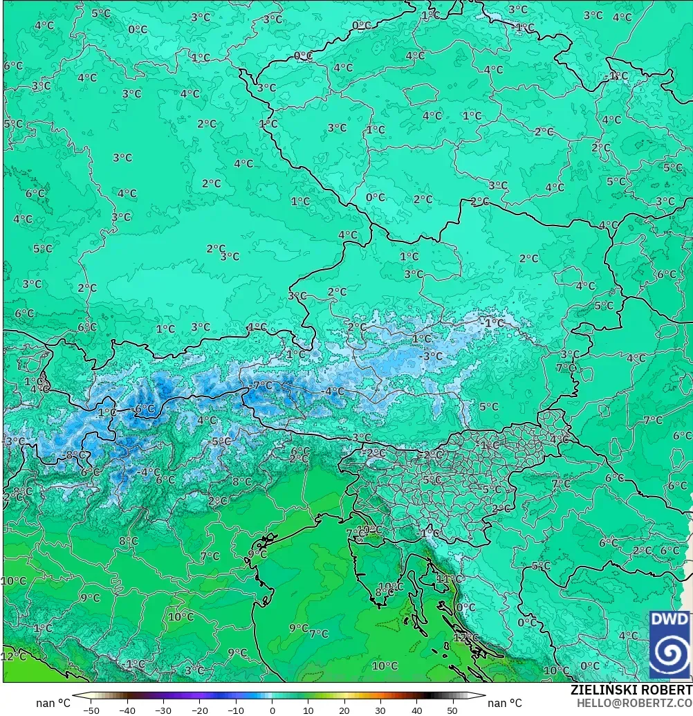 ICON Almanya 2 km model - Avusturya, 850 hPa Sıcaklık