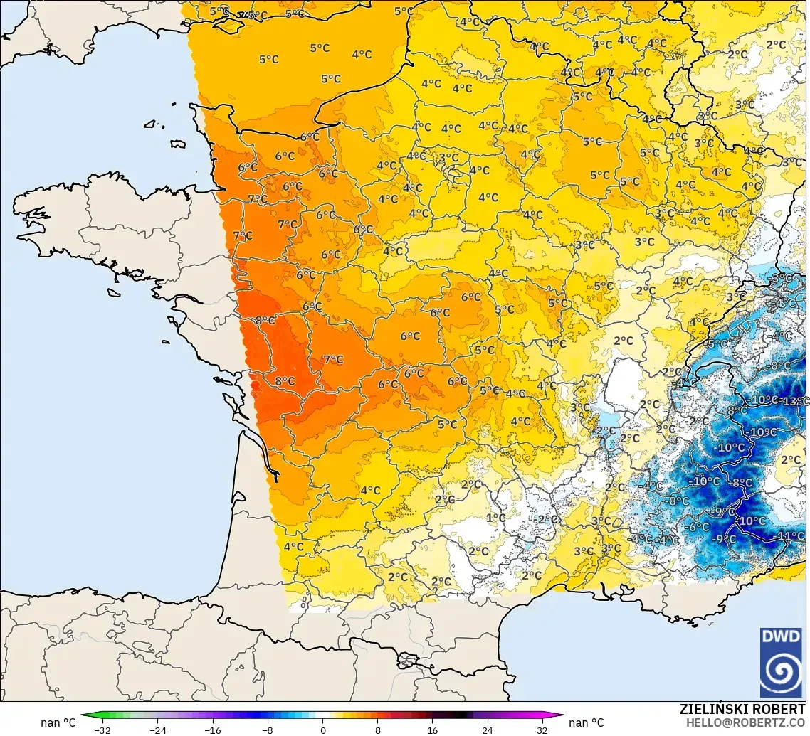 ICON Almanya 2 km model - Fransa, 850 hPa Sıcaklık Anomalisi