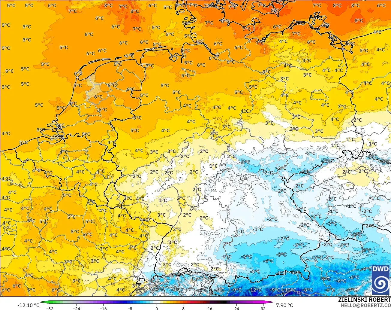 ICON Almanya 2 km model - Almanya, 850 hPa Sıcaklık Anomalisi