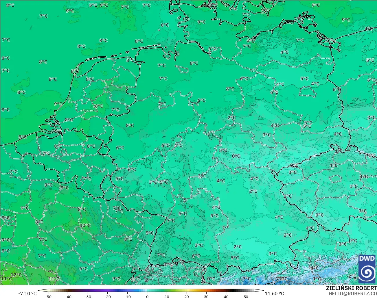 ICON Almanya 2 km model - Almanya, 850 hPa Sıcaklık