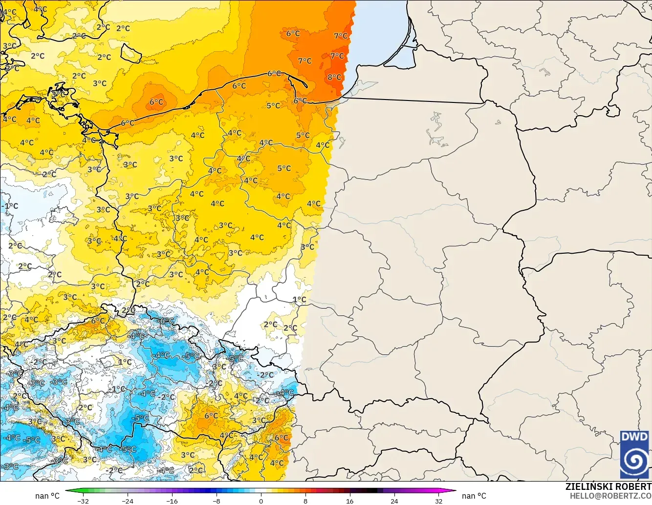 ICON Almanya 2 km model - Polonya, 2 m Sıcaklık Anomalisi