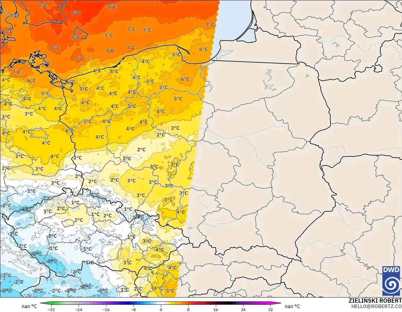 ICON Almanya 2 km model - Polonya, 850 hPa Sıcaklık Anomalisi