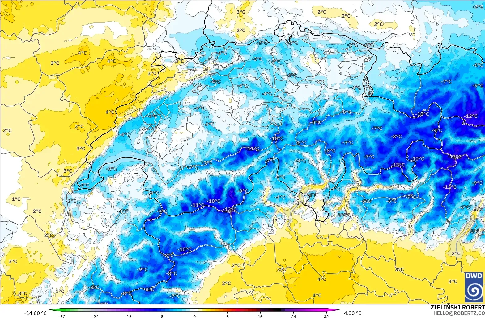 ICON Almanya 2 km model - İsviçre, 850 hPa Sıcaklık Anomalisi