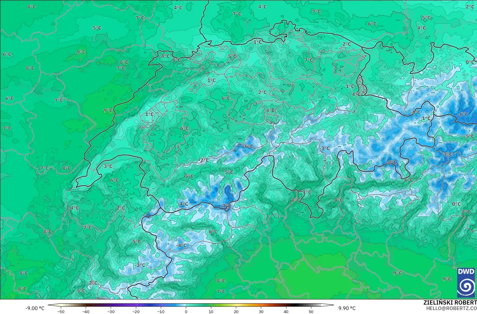 ICON Almanya 2 km model - İsviçre, 850 hPa Sıcaklık
