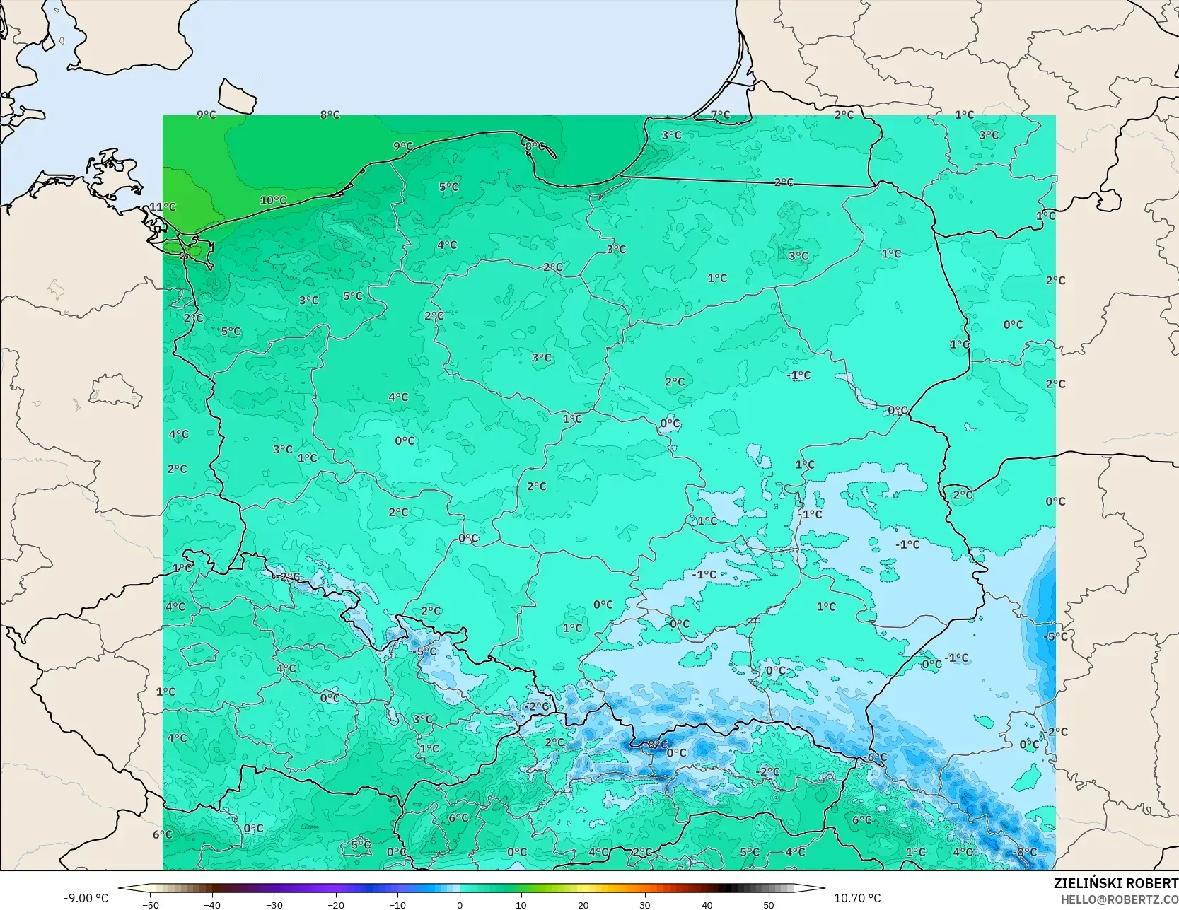 ICON Polonya 2 km model - Polonya, 2 m Sıcaklık