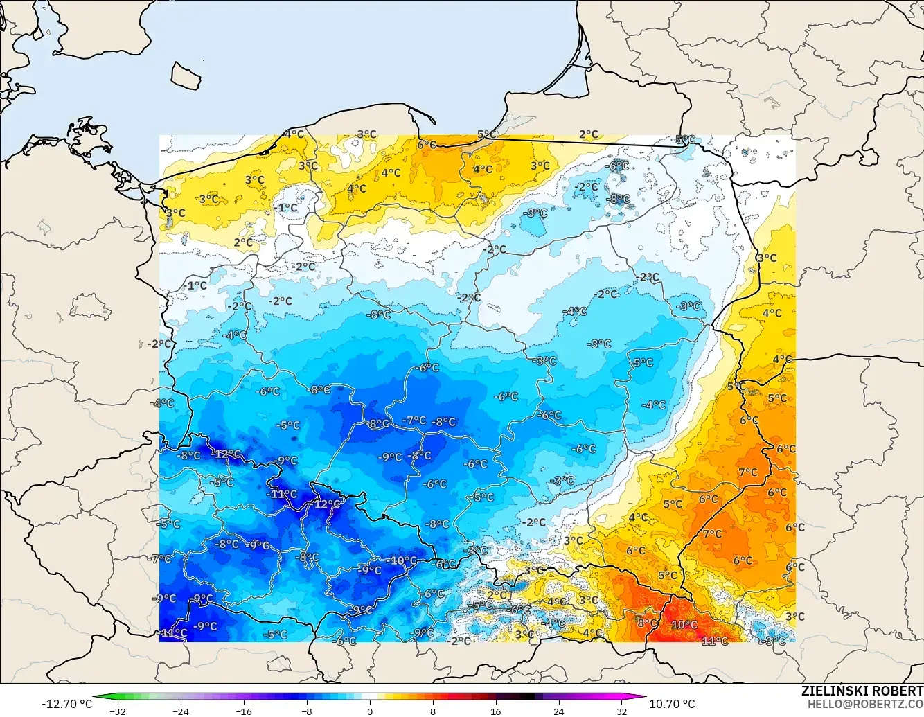 ICON Polonya 2 km model - Polonya, 2 m Sıcaklık Anomalisi