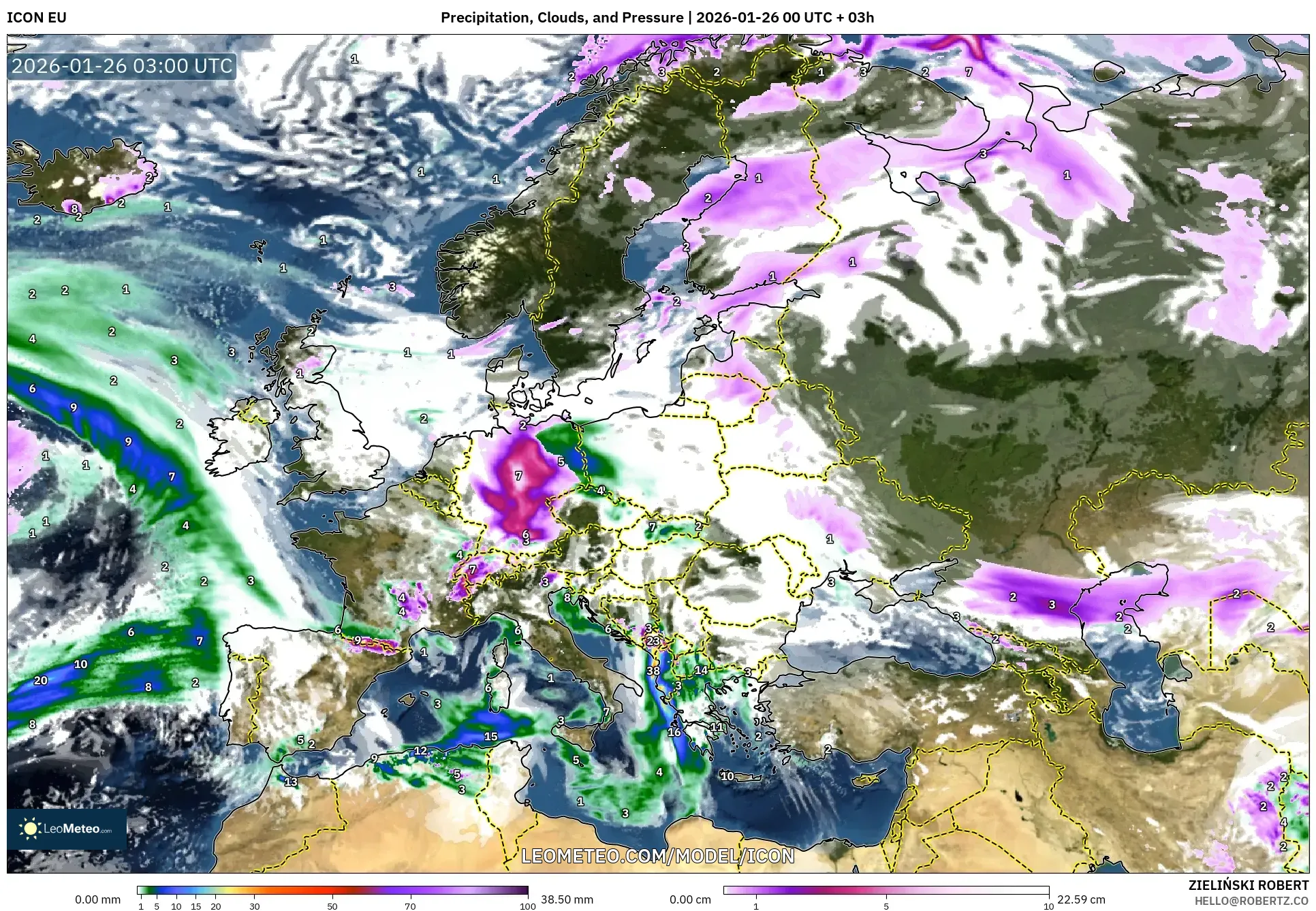 ICON model - Avrupa, Yağış, Bulut ve Basınç