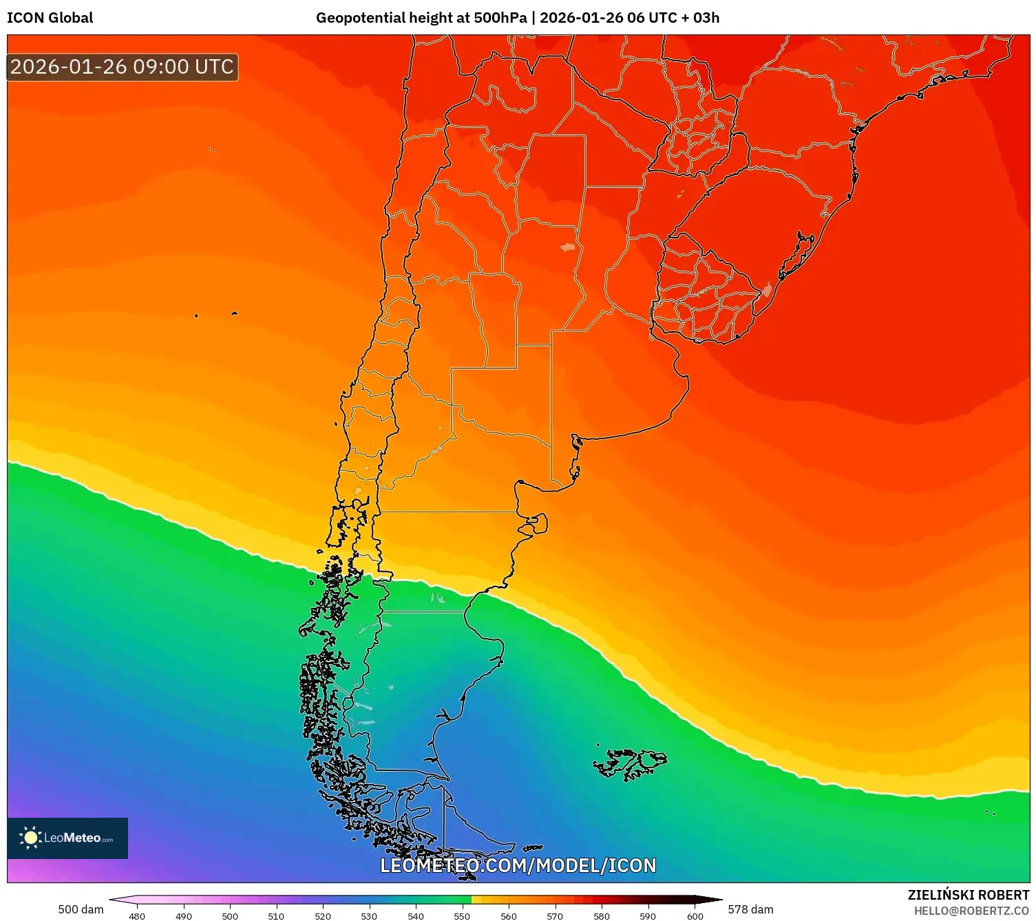 ICON model - Arjantin, 500 hPa’da jeopotansiyel yükseklik