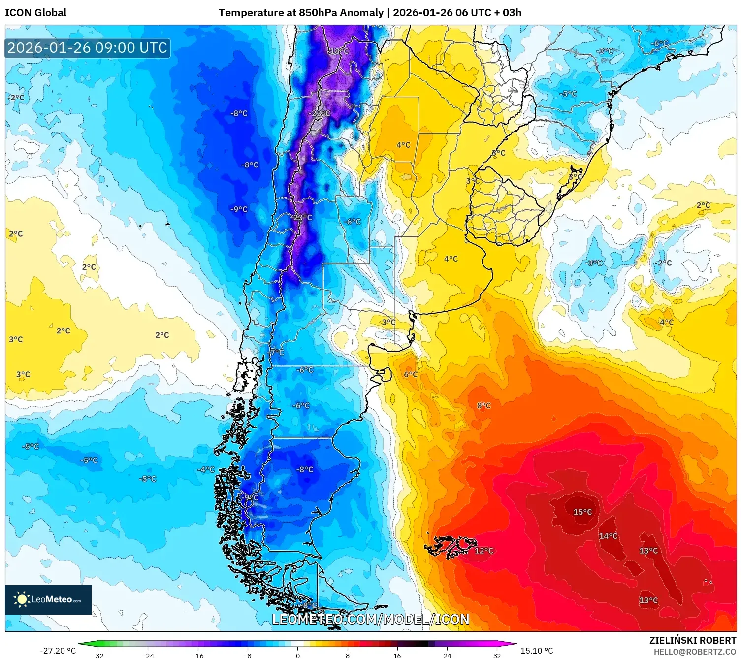 ICON model - Arjantin, 850 hPa Sıcaklık Anomalisi