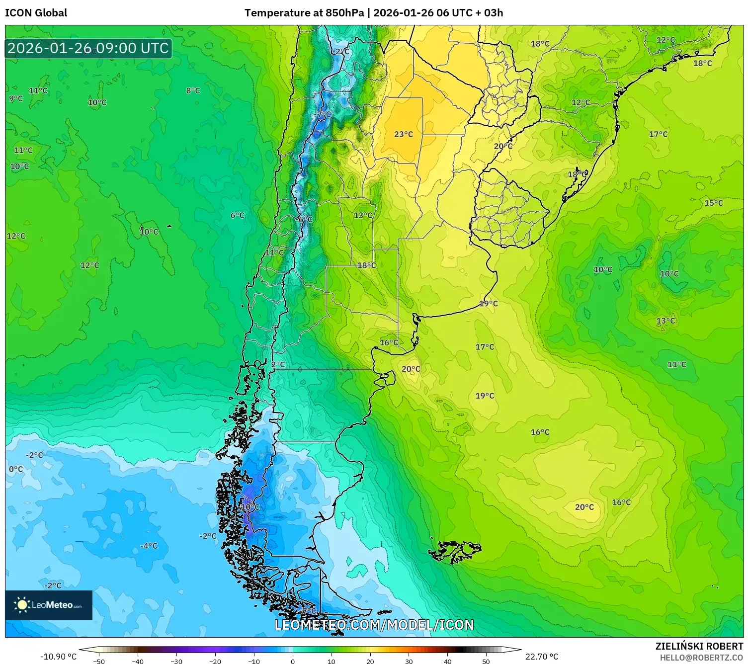 ICON model - Arjantin, 850 hPa Sıcaklık