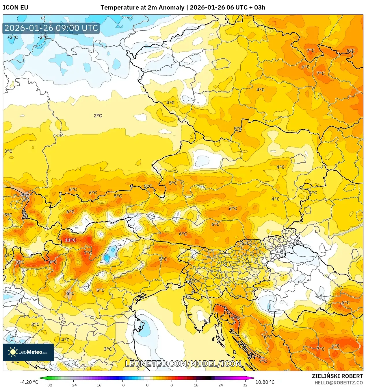 ICON model - Avusturya, 2 m Sıcaklık Anomalisi